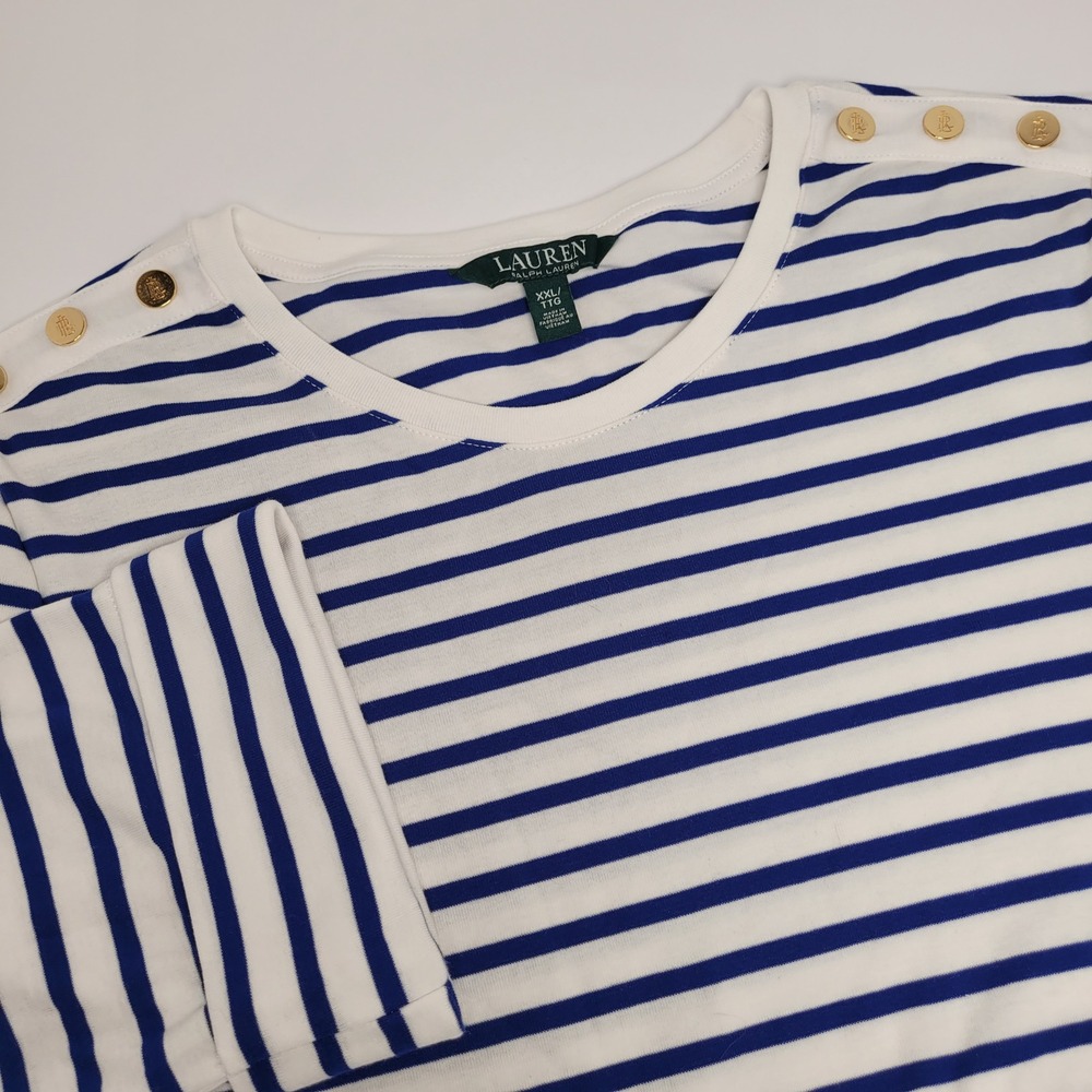 Lauren Ralph Lauren Striped Top Womens XXL Blue White Excellent Gold Button Trim